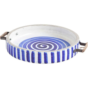 Round Tray w/ Wood And Metal Handles - Blue & White