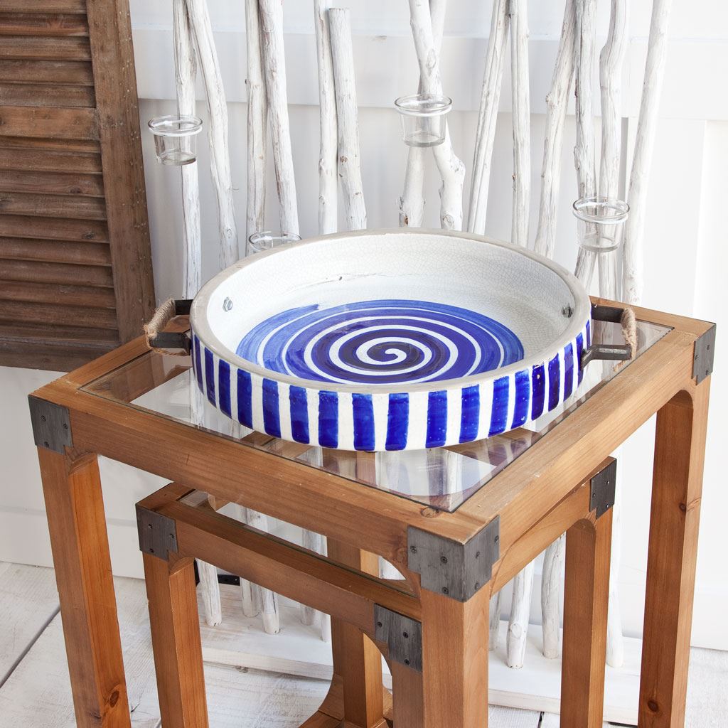 Round Tray w/ Wood And Metal Handles - Blue & White