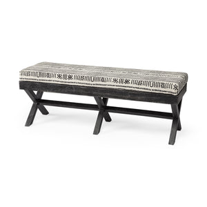 Indian Mango Wood Bench - Dark Brown Finish W/ Upholstered Gray And White Pattern