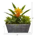 Load image into Gallery viewer, Artificial Arrangement - 11” Bromeliad &amp; Agave Plant in Black Tin Planter by Nearly Natural
