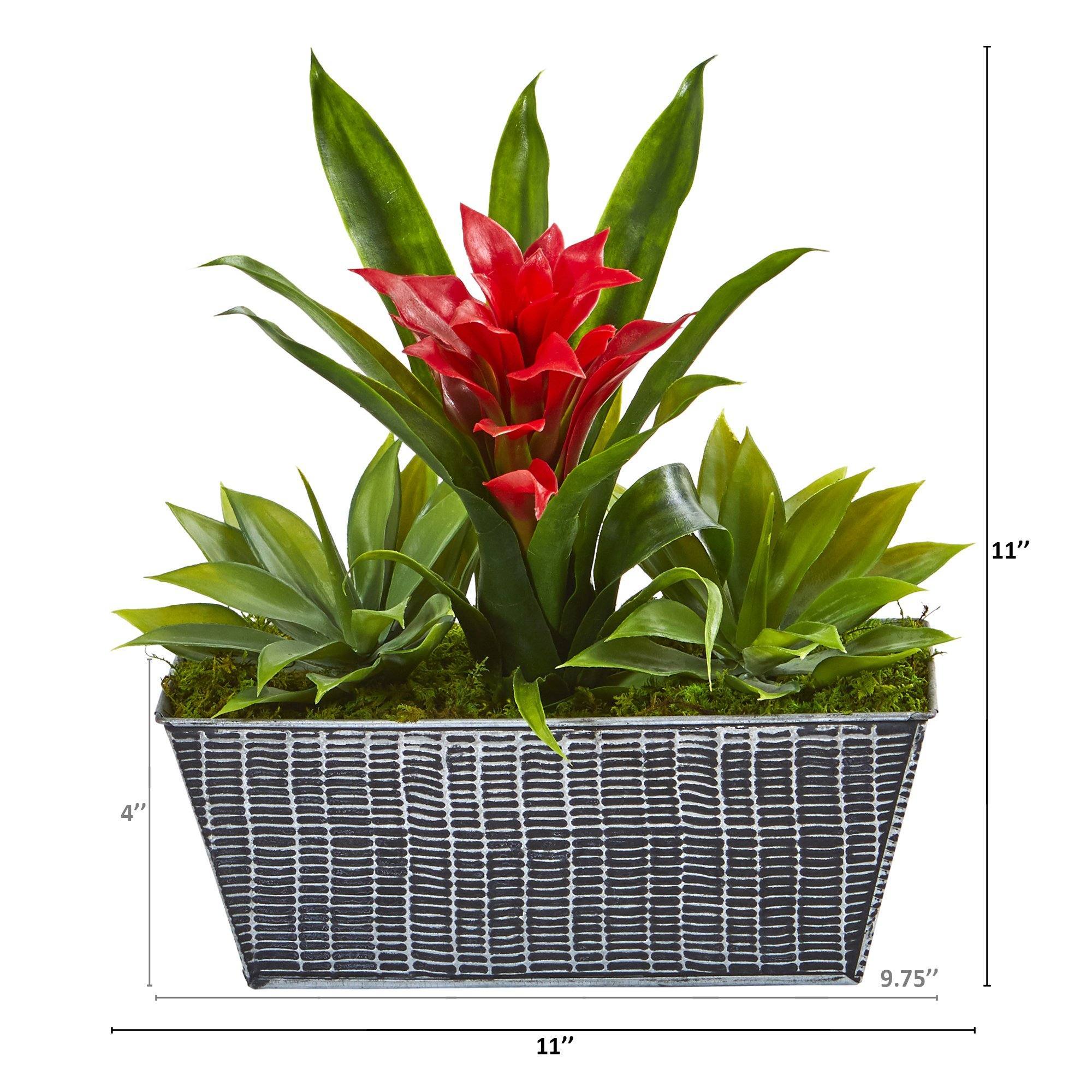 Artificial Arrangement - 11” Bromeliad & Agave Plant in Black Tin Planter by Nearly Natural