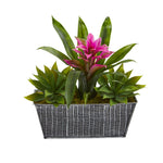 Load image into Gallery viewer, Artificial Arrangement - 11” Bromeliad &amp; Agave Plant in Black Tin Planter by Nearly Natural

