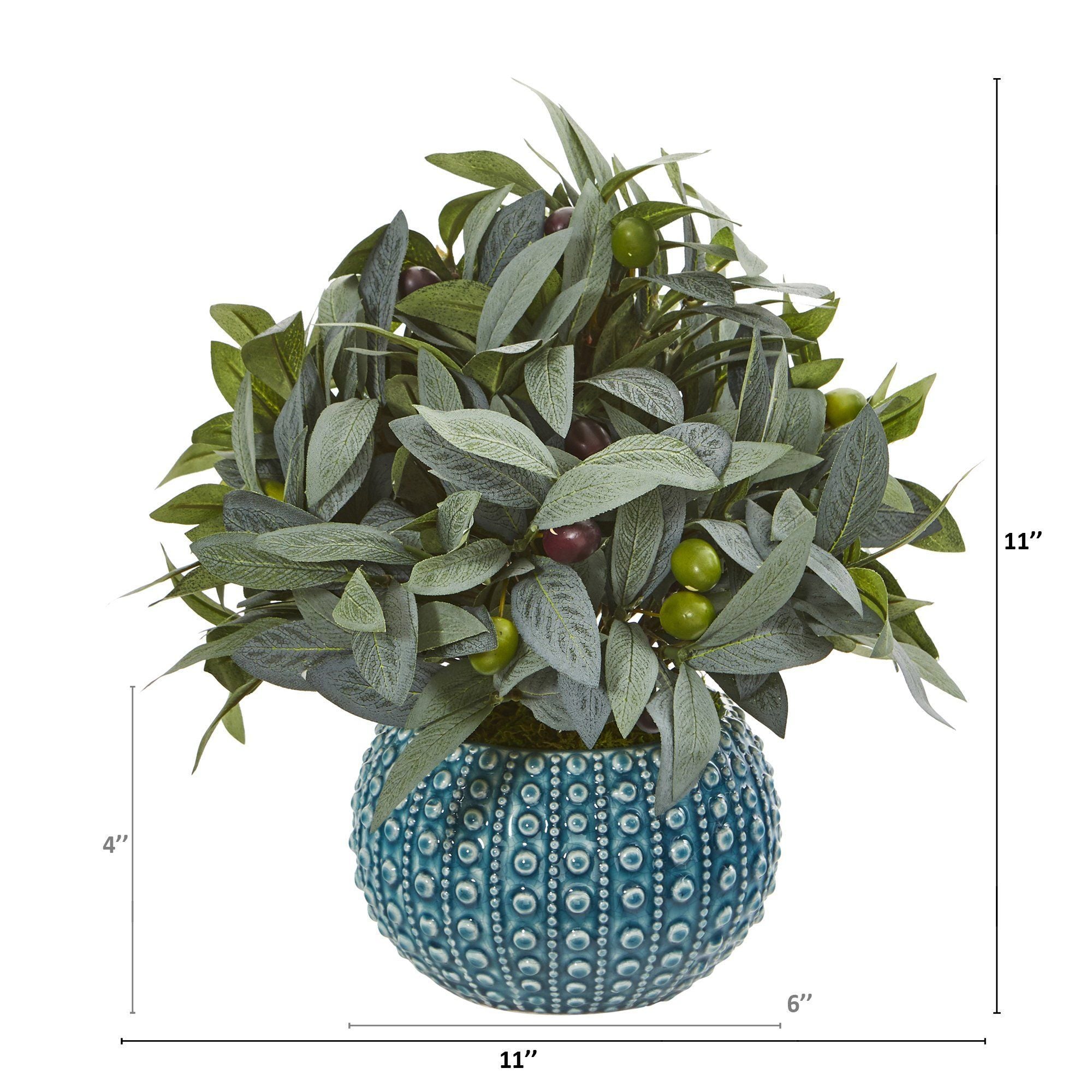 Artificial Arrangement - 11” Olive Branch w/ Berries in Blue Planter by Nearly Natural