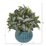 Load image into Gallery viewer, Artificial Arrangement - 11” Olive Branch w/ Berries in Blue Planter by Nearly Natural
