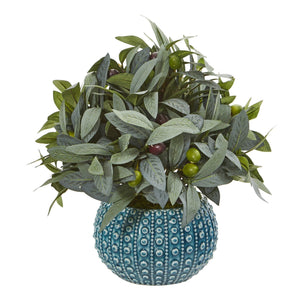 Artificial Arrangement - 11” Olive Branch w/ Berries in Blue Planter by Nearly Natural
