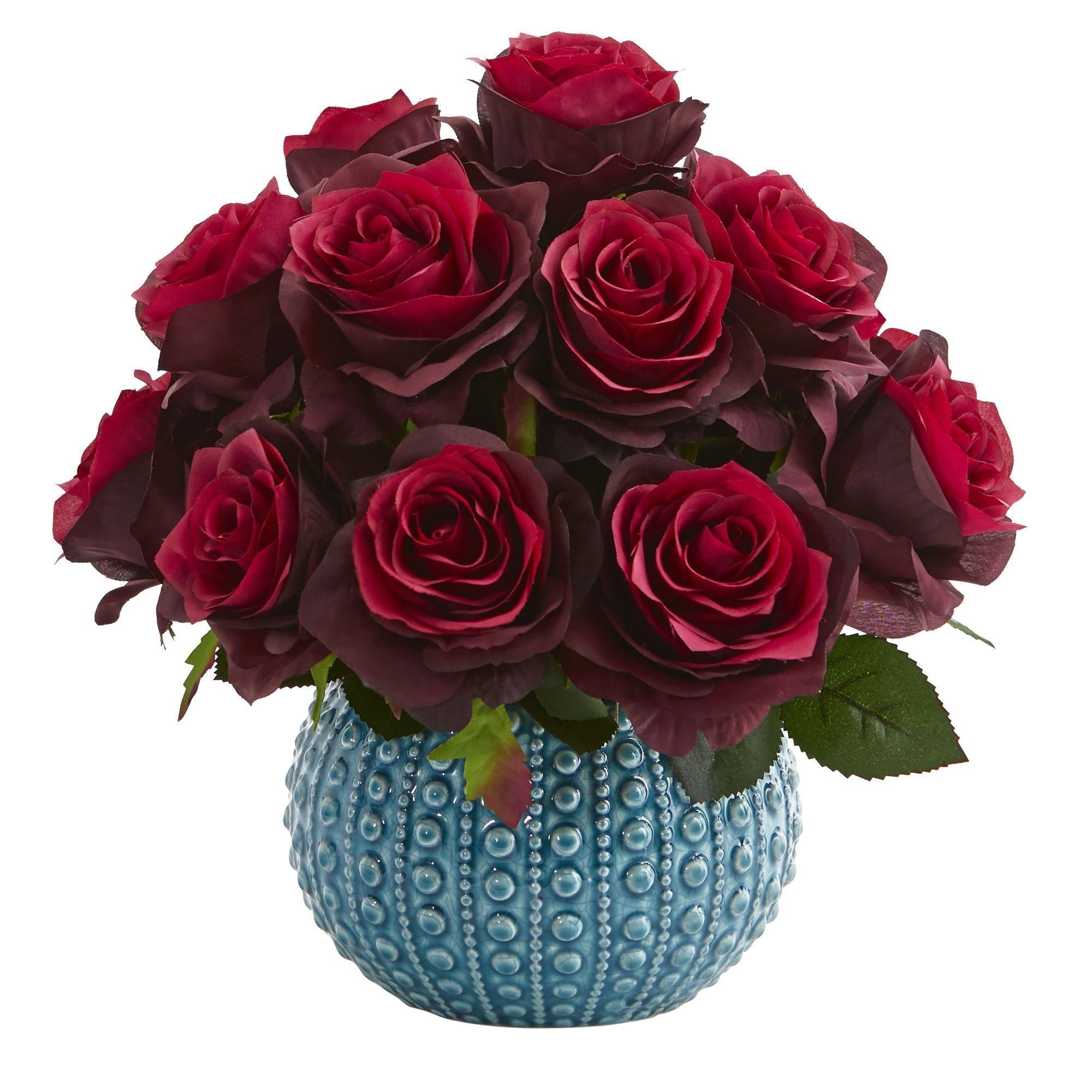 Artificial Arrangement - 11.5" Rose in Blue Ceramic Vase by Nearly Natural