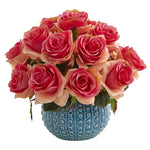 Load image into Gallery viewer, Artificial Arrangement - 11.5&quot; Rose in Blue Ceramic Vase by Nearly Natural
