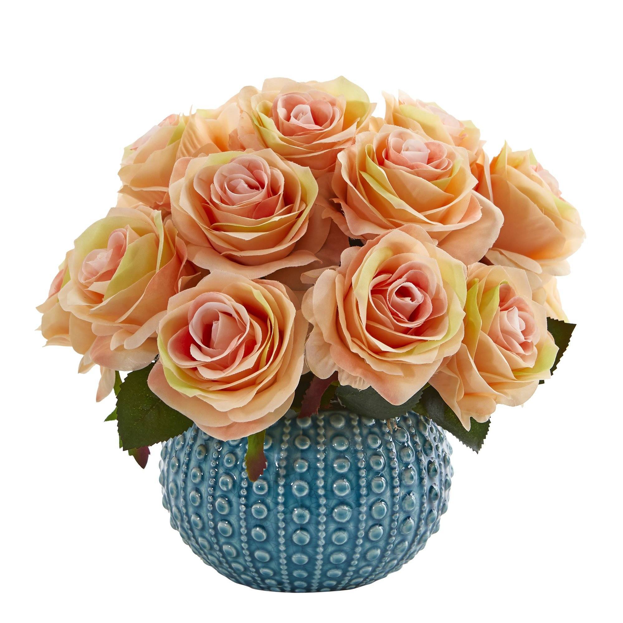 Artificial Arrangement - 11.5" Rose in Blue Ceramic Vase by Nearly Natural