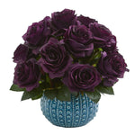Load image into Gallery viewer, Artificial Arrangement - 11.5&quot; Rose in Blue Ceramic Vase by Nearly Natural
