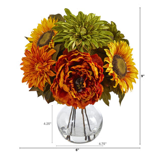 Artificial Arrangement - 12” Peony, Dahlia and Sunflower in Glass Vase by Nearly Natural