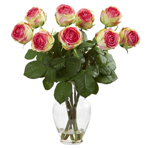 Artificial Arrangement - 19” Rose in Glass Vase by Nearly Natural