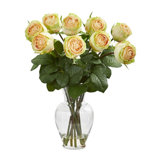 Artificial Arrangement - 19” Rose in Glass Vase by Nearly Natural