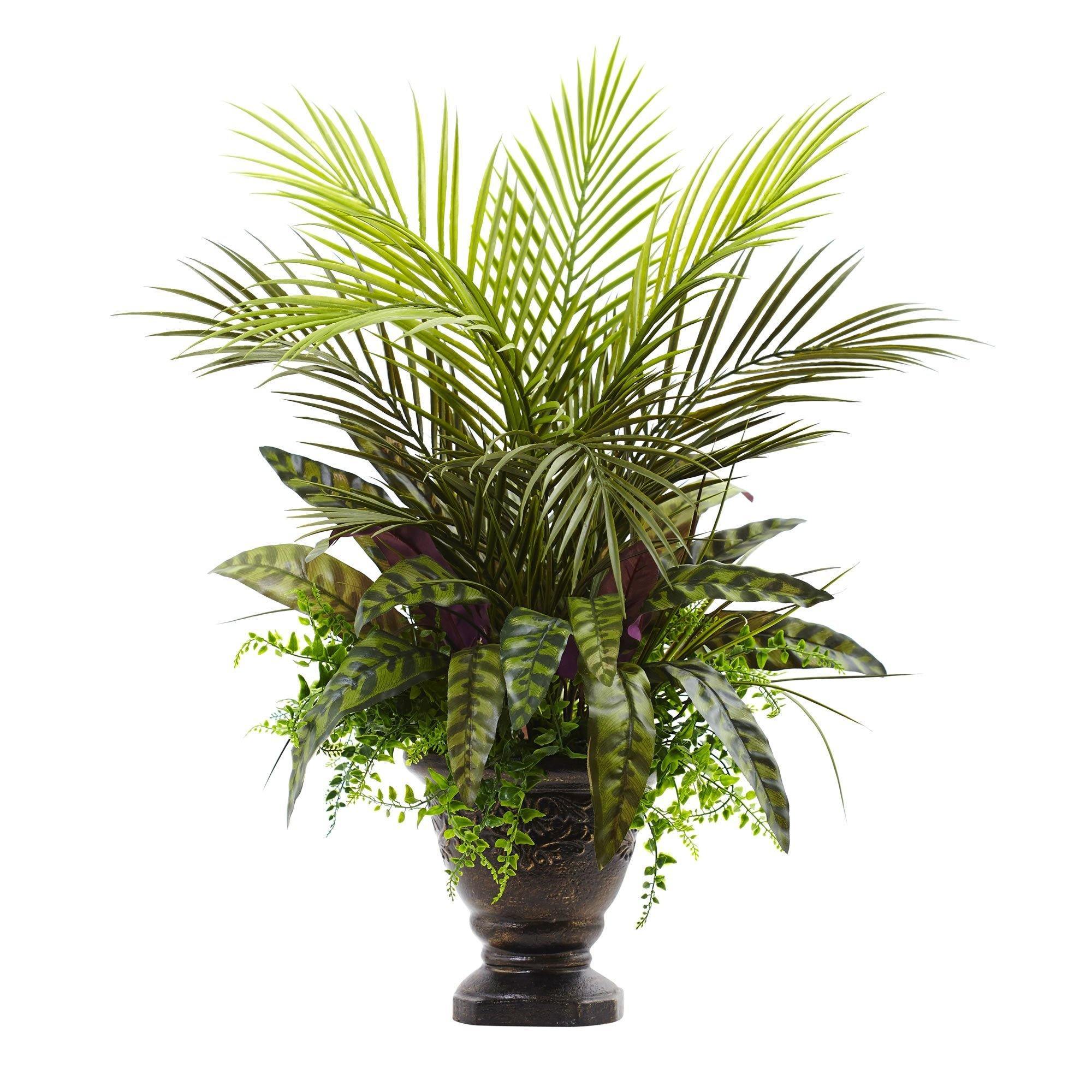 Artificial Arrangement - 27” Mixed Areca Palm, Fern & Peacock w/ Planter by Nearly Natural
