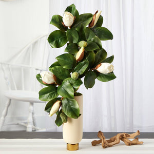 Artificial Arrangement - 33” Magnolia in Cream Planter w/ Gold Base by Nearly Natural