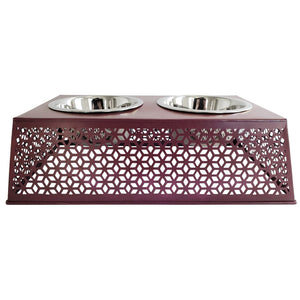 Wire Metal Country Pet Feeder w/ 2 Stainless Steel Bowls - Wine